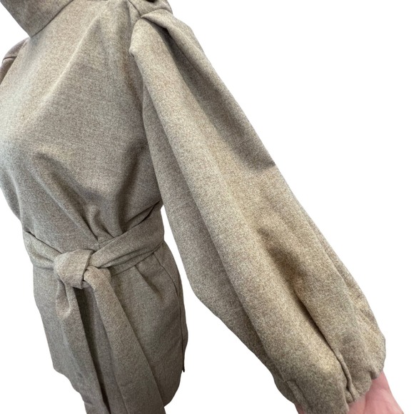 Zara Top Tan Size M Belt Tie Wool Blend Balloon Sleeve Mock Neck Buttons Blouse - Picture 7 of 11